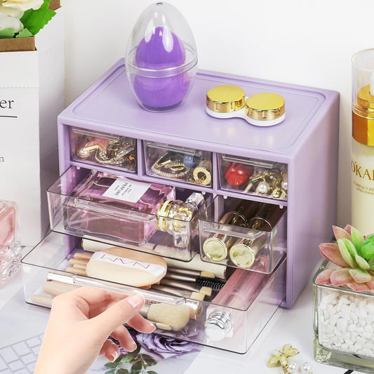 Mini Desk Storage Organizer with 6 Drawers, FODIENS Stackable Desktop Craft Drawer Cabinet, Clear Storage Box Caddy for Makeup Jewelry Office Craft Supplies (White)