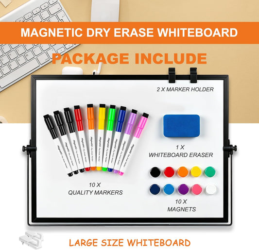 Dry Erase White Board, Aisuoker 16 x 12inch Magnetic Desktop Whiteboard with Stand,10 Markers, 10 Magnets and 1 Eraser, Portable Double-Sided White Board for Kid Drawing Memo to Do and List Wall-White
