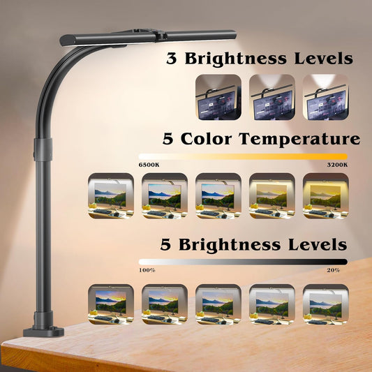 AKRRYR LED Desk Lamp for Home Office, Double Head 24W with Base, Architect Light 5 Lighting Brightness Flexible Gooseneck Table Reading Study, Black