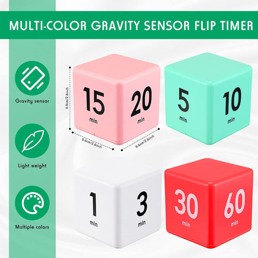 Weewooday 4 Pieces Cube Timer Gravity Sensor Flip Digital Workout Timer Cube for Management Duration Home Kitchen Study, 1 3 5 10 Minutes and 15 20 30 60 Minutes (White, Red, Pink, Green)