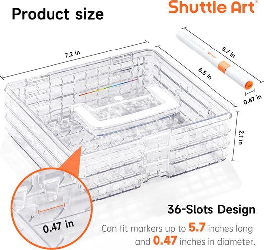 Shuttle Art 36 Automatic Ink Control Acrylic Paint Markers Organizer, Portable 3-Layer Transparent Storage Box, Stackable Pen Holder for Art Supplies,Ideal for Home, Office & School Desk Organization