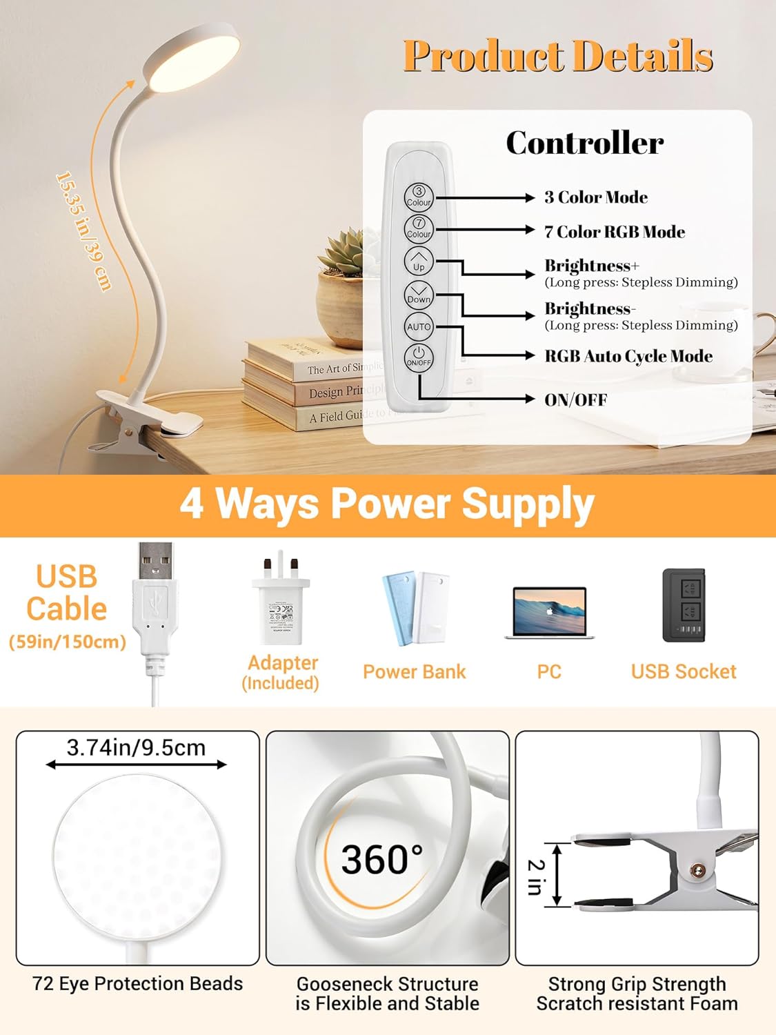 Clip on Light,10 RGB Colors+10 Brightness Clip on Desk Lamp with Clamp, 500 Lumen Bright 72 LED Desk Light, USB Adapter Reading Lights for Books in Bed/Headboard/Bedside Table/Bedroom/Dorm/Home Office