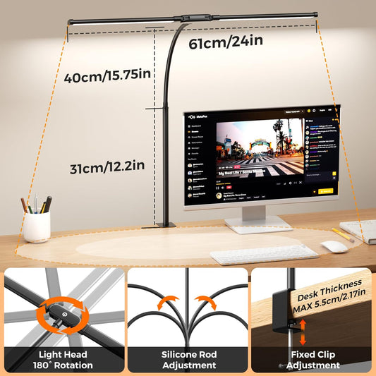 SKYLEO Led Desk Lamp for Home Office - 2400LM Ultra Bright Desk Light -Eye Caring Desk Lamp with Clamp - Adjustable Office Lamp with Remote Control- Easy Installation - 24W Black