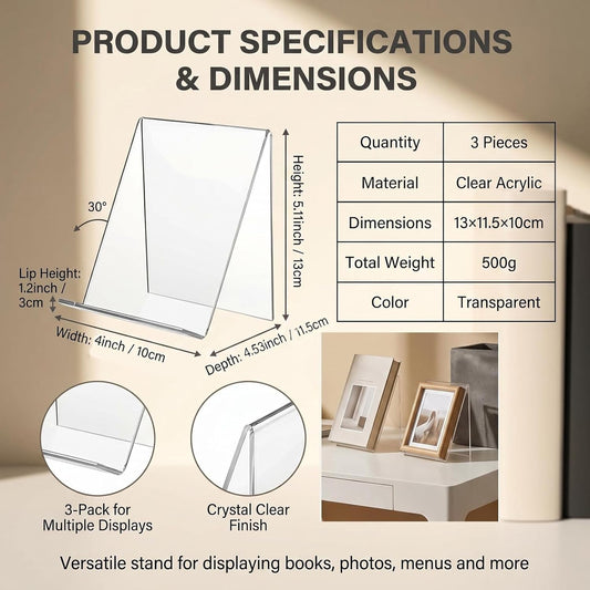 3Pcs Transparent Acrylic Book Stand Clear Book Display Stand Easel Tablet Holder Desktop Decorative Storage Shelf for Notebooks Picture Albums Artworks (100x115x130 MM)