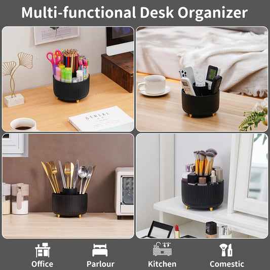 Marbrasse Desk Organizer, 360-Degree Rotating Pen Holder, Desk Organizers and Accessories with 5 Compartments Pencil Holder, Art Supply Storage Box Caddy for Office, Home(White)