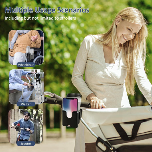 Universal Stroller Cup Holder with Phone Holder, 360°Rotatable Bottle Holder with Strong Clip, Accessories for Stroller, Bike, Wheelchair, Walker, Scooter (UM-SCH-B2409, Large)