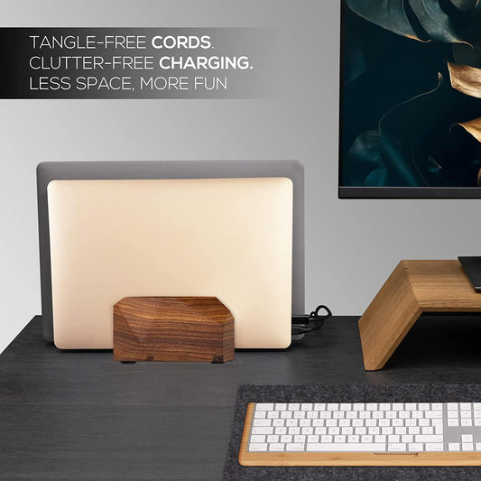 Premium Vertical Laptop Stand – Wooden Dock Compatible MacBook & Laptops | Dual Dock Slot | Ergonomic Desktop Holder & Space-Saving Office Desk Accessory (Indian Rosewood)