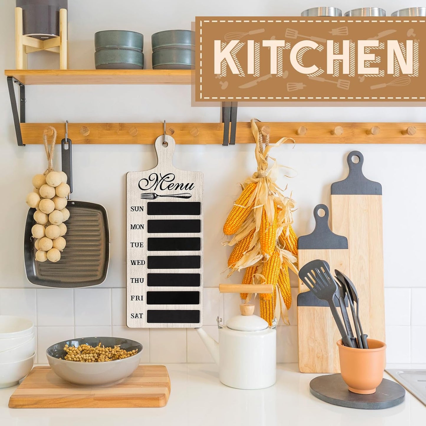 Maxdot Weekly Menu Board Kitchen 16.5 x 6.3 Inches Wood Menu Planner Board with 7 Markers and Towel Kitchen Weekly Planner Plaque Wall Signs for Dinning Room Home Decor