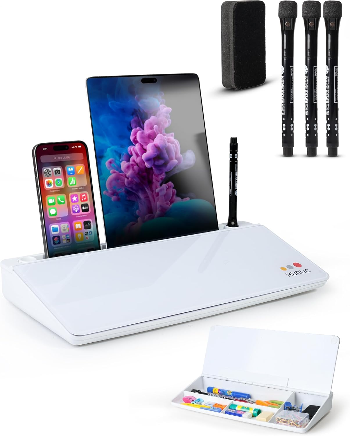 HURUC Small Glass Desktop Whiteboard with Storage,15.3"x7.08"x2.16" inch Desktop Dry Erase Board with Markers & Duster, Desk White Board Buddy Organizer for Home, Office, School (Black)