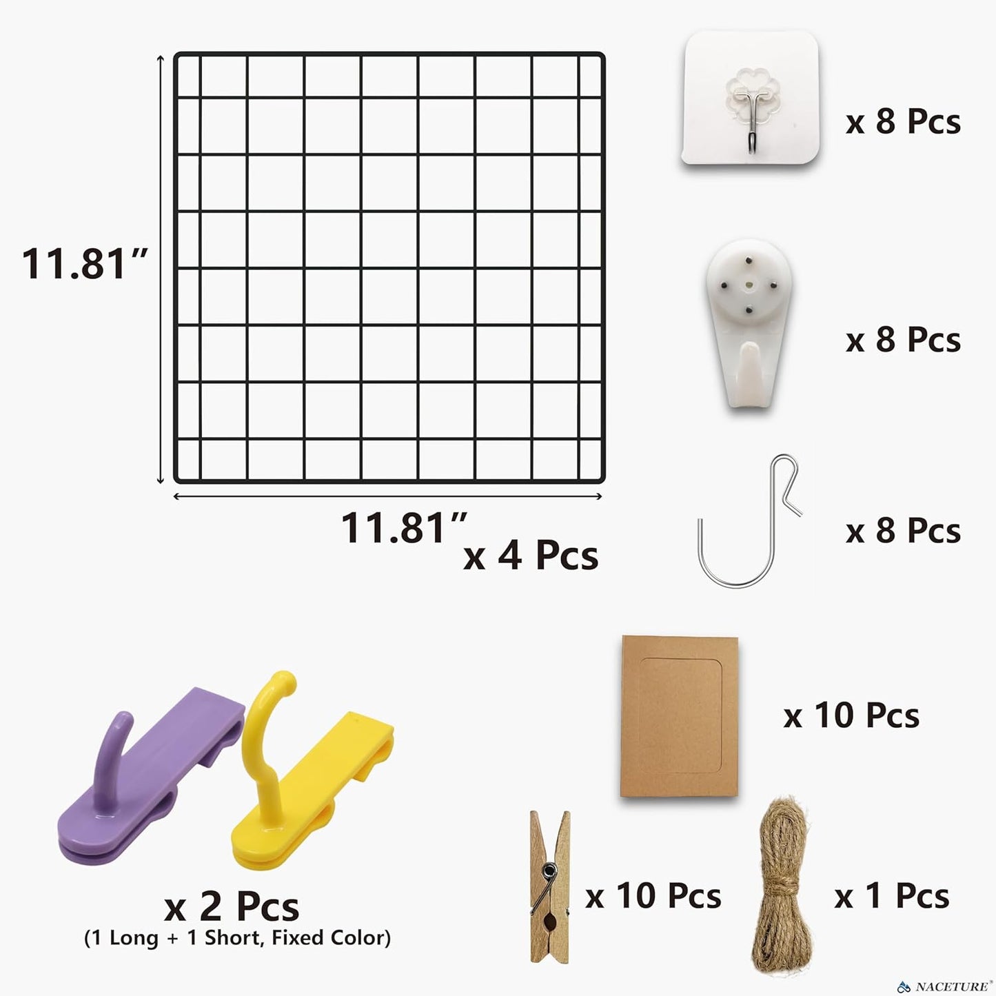 NACETURE 4 Pack Heavy-Duty Grid Wall Panels 12x12 – Double Wire Reinforced Wire Mesh Organizer, 30 lbs Capacity, Wall Display with Hooks & Accessories – Easy to Install for Home, Office & Décor
