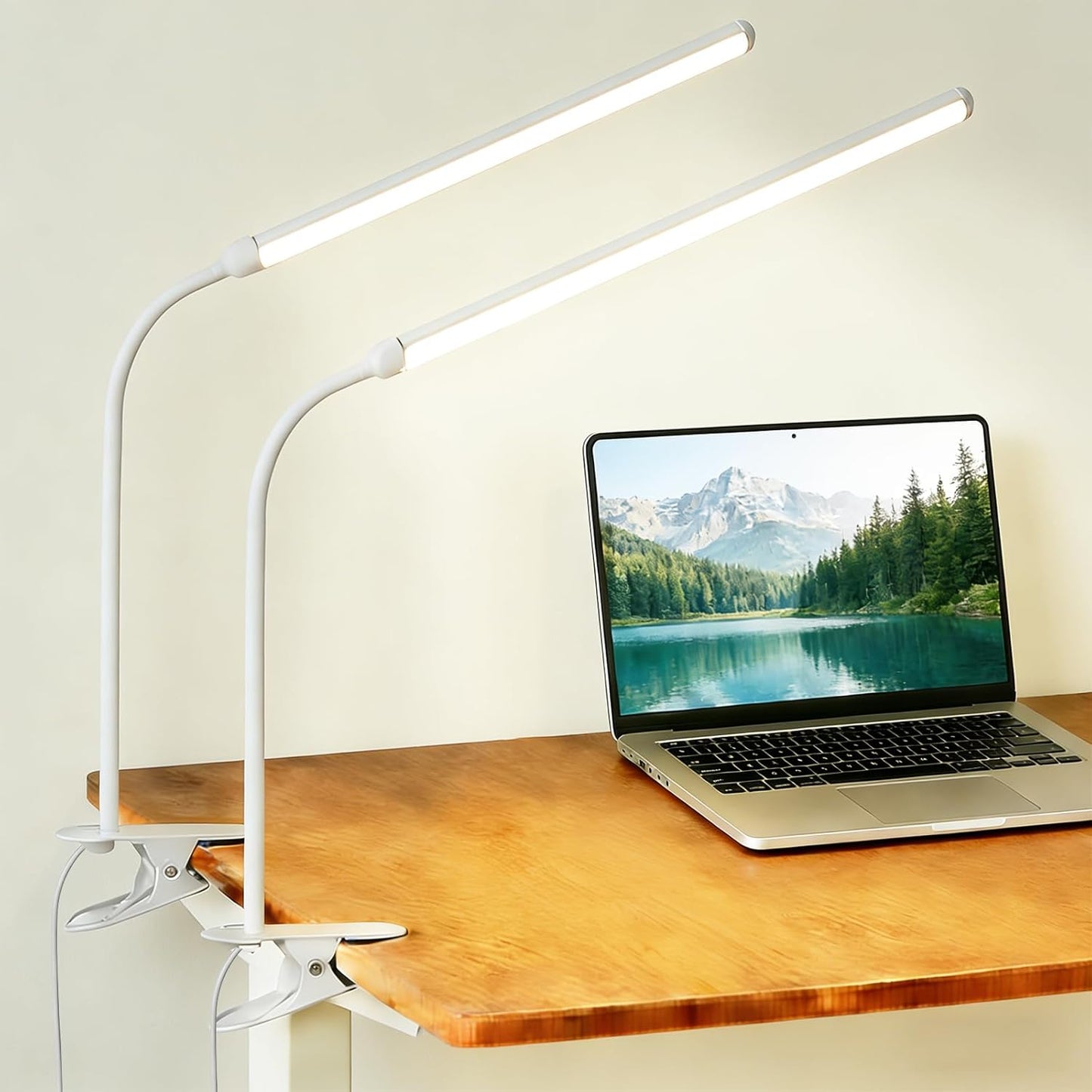 2 Pack Clip On LED Desk Lamp, 3 Lighting Modes 10 Brightness Levels, Flexible Goose Neck Swing Arm Task Lamp, Eye Caring USB Powered Clamp Light for Home Office Study Reading Bedside