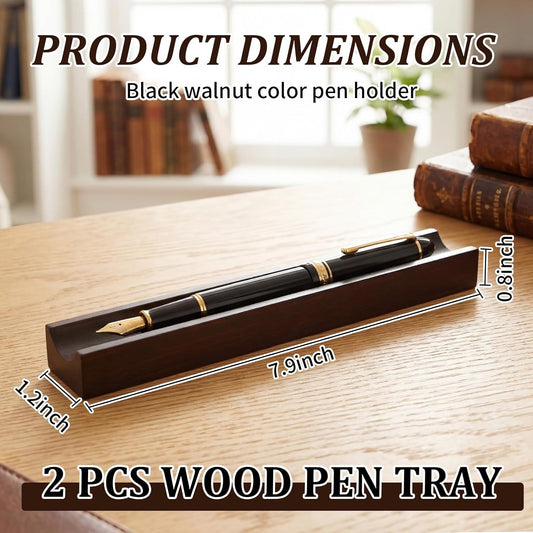 2 Pcs Wood Pen Tray Black Walnut Color Wooden Pencil Holder Desk Organizer Minimalist Fountain Single Pen Rest for Office Home Stationery Retro Decor Work Teacher Gift, 7.87 x 1.18 x 0.79 Inches