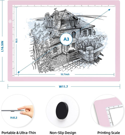KIVOTAC A3 LED Light Pad,Tracing Light up Box Ultra-Thin USB Powered Brightness Dimmable Bright Copy Board for Drawing, Weeding Vinyl, Diamond Art, Sketching and Animation