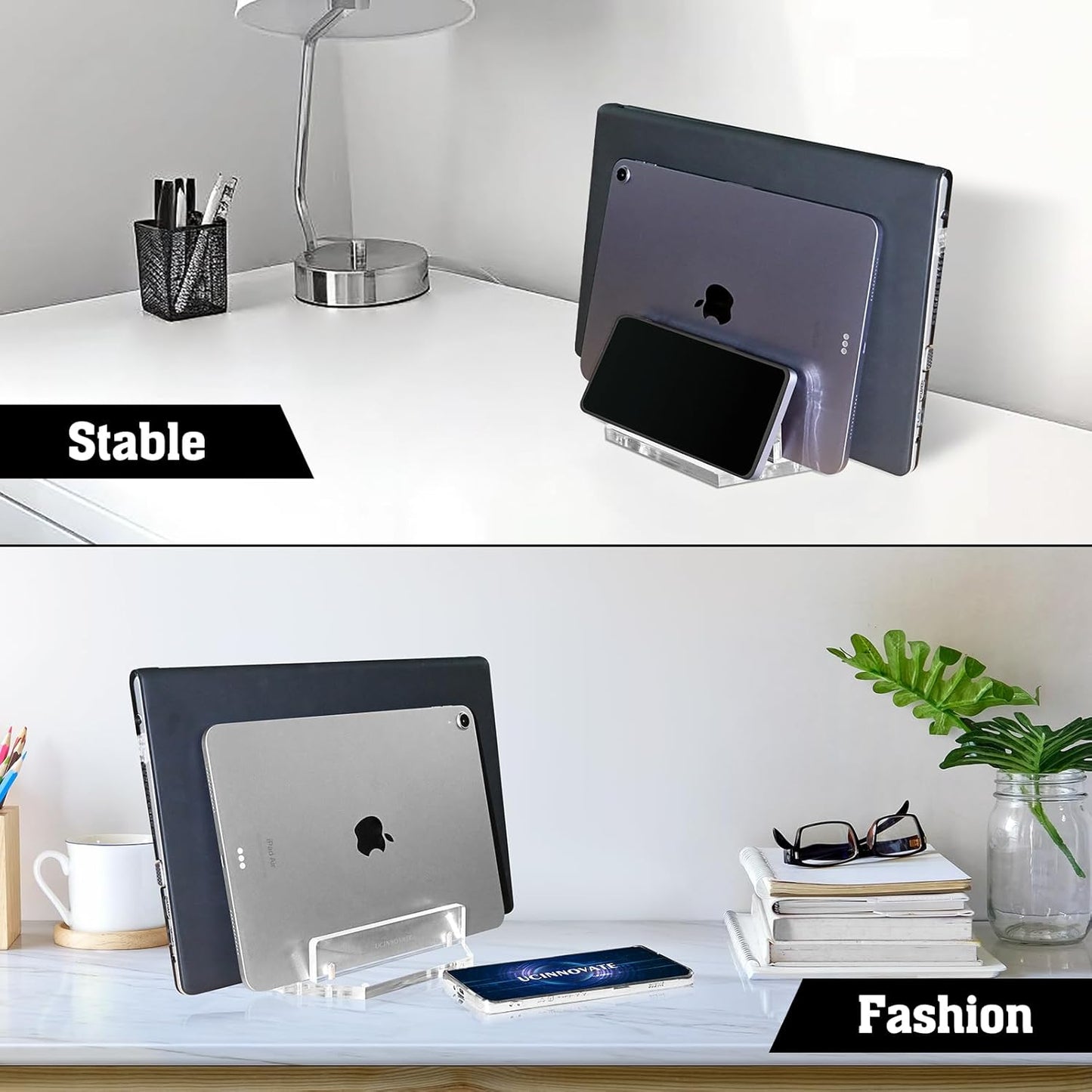 UCINNOVATE Vertical Laptop Stand, Acrylic Laptop Holder Desk with Adjustable Dock, Dual Desktop Notebook Stand Fits All MacBook/Surface/Gaming Laptop/iPad/Pro/Chromebook/HP/Dell/Computer/Keyboard