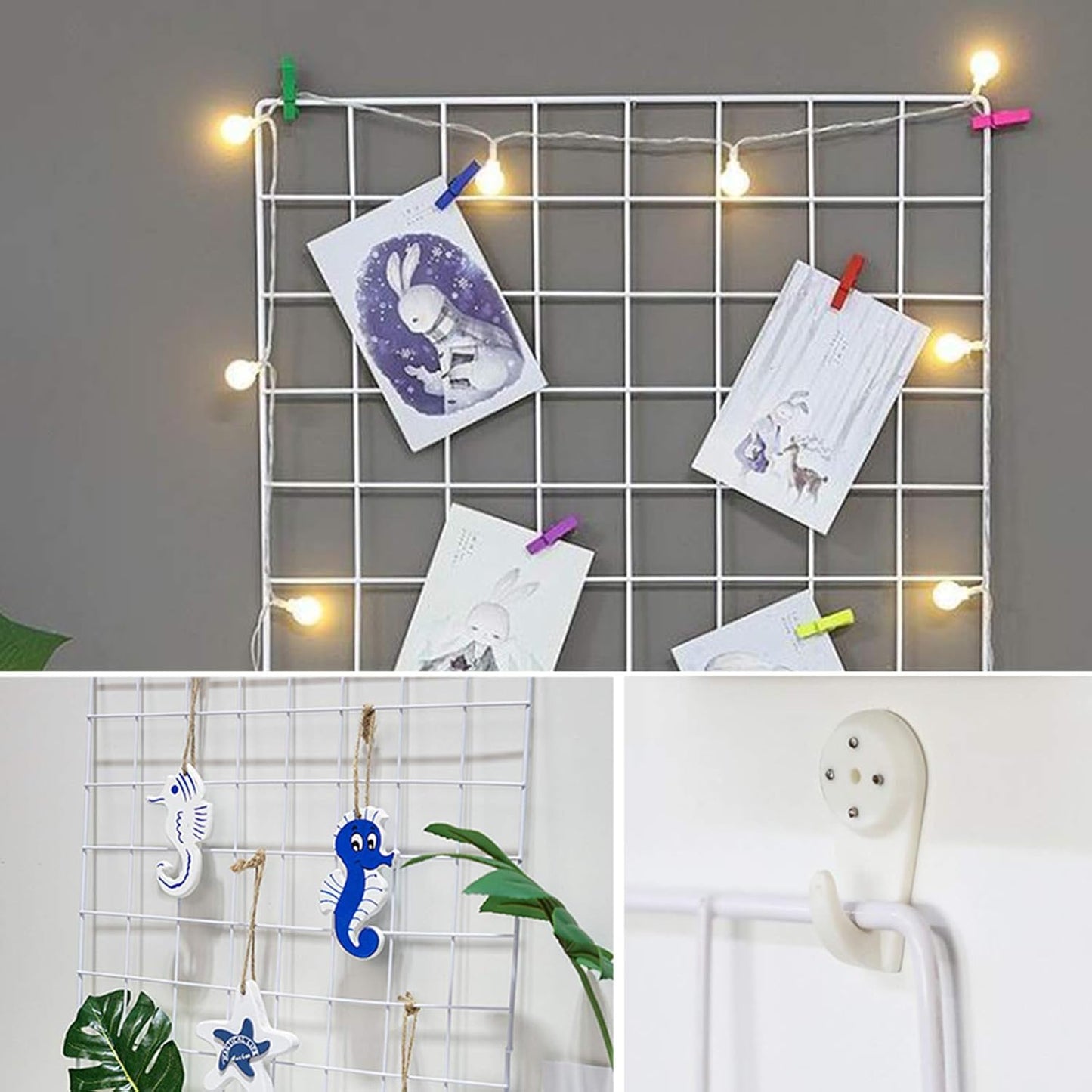 2 Pack Large Wall Grid Panels with Light and Clips, Photo Display Board, Picture Frame Collage Board, Wire Grid Wall Panel Room Decoration,Black