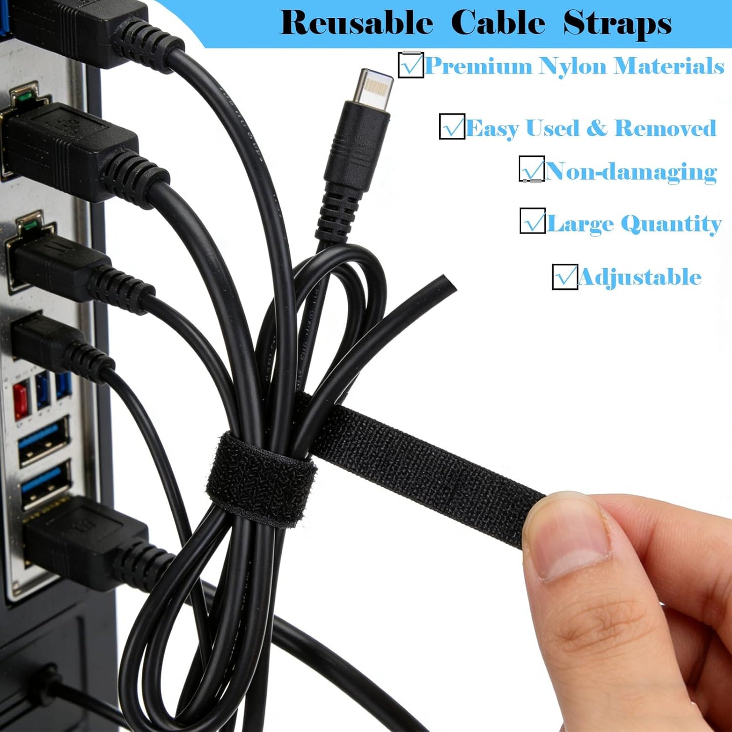 100PCS Hook and Loop Straps - 6 Inch Reusable Cable Ties for Cable Management, Adjustable Cord Organizer Hook & Loop Straps for Home, Office and Data Centers, Black