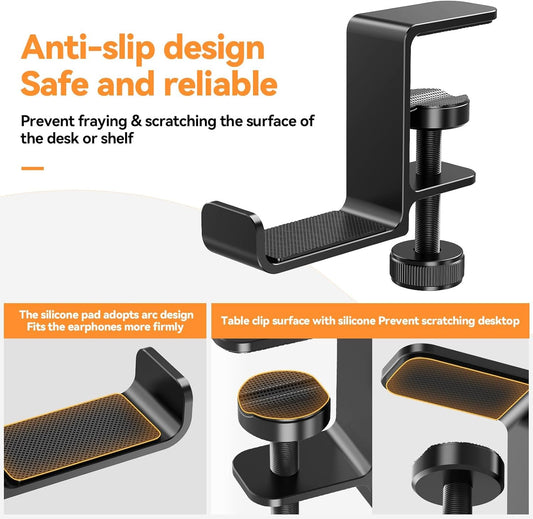 Headphone Hanger Holder Stand-Under Desk Headphone Hanger, Headset Hook Holder Space-Saving Aluminum Stand with Universal Fit for Gaming PC Accessories (Black-1PCS)