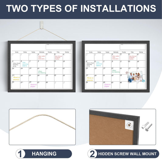 Calendar Whiteboard for Wall, TANKEE 17x13 Inches Whiteboard Calendar Cork Board Combo, Small Magnetic White Board with Wood Framed, Hanging Dry Erase Board for Kitchen Home Office School Planner