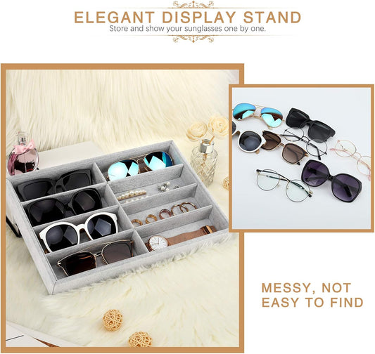 Emibele Glasses Organizer Jewelry Tray, 8 Grids with Clear Lid Velvet Tray Watch Storage Stackable Jewelry Showcase Display Storage with Detachable Inner Dividers, Beige