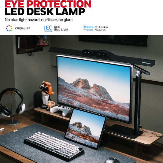 Honeywell LED Desk Lamp with Clamp - HJ1 Sunturalux Eye-Caring Clip on Lights for Home Office, 1200LM Clamp Lamp 4 Color Modes Stepless Dimming Task Desk Light for Working Black