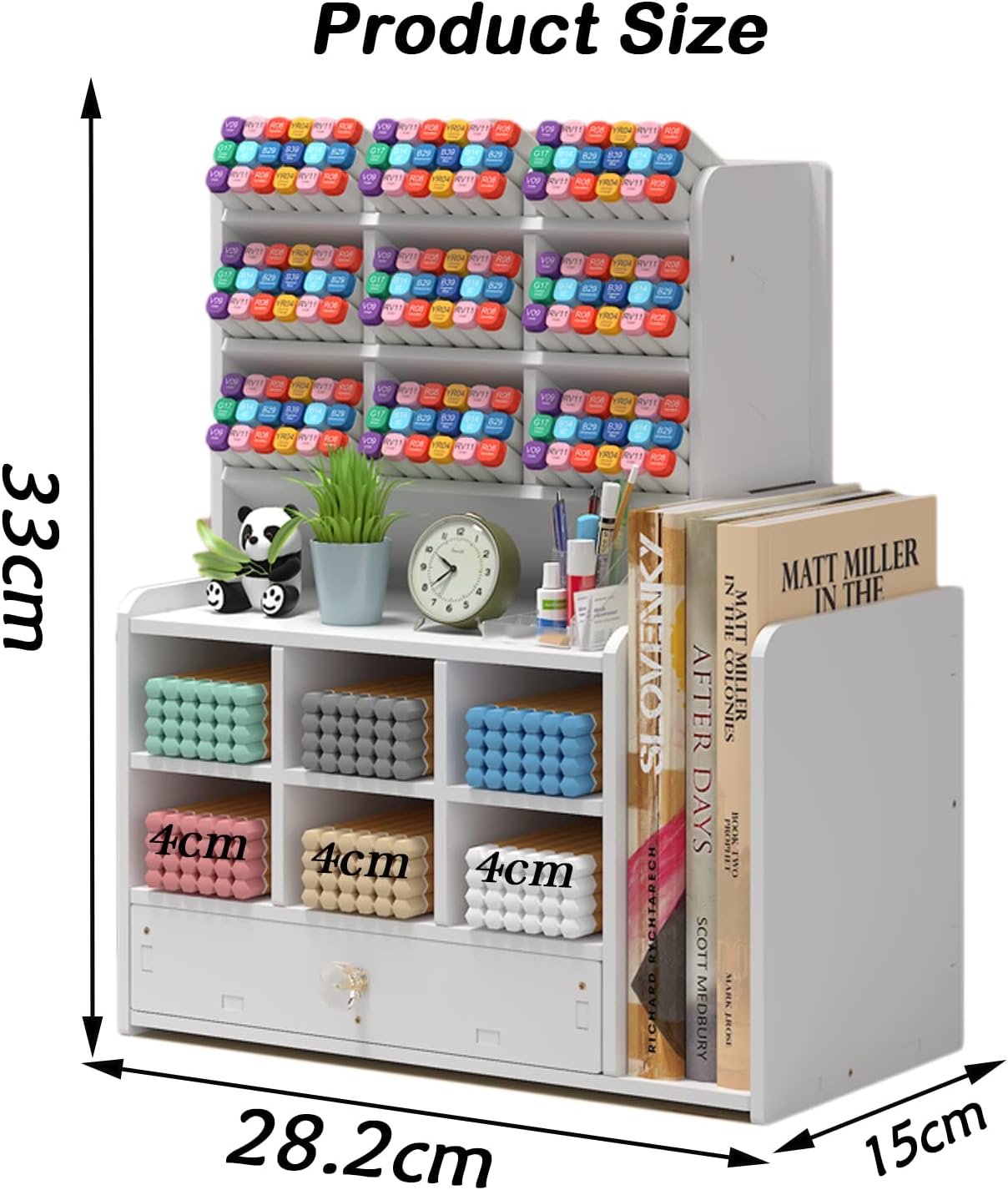 Pen organizer for desk,Marker organizer,Pen holder with drawer,Pencil Holder,with 15 Compartments and 1 Drawer, 1 File Holder Multi-Functional Desk Organizers (White)