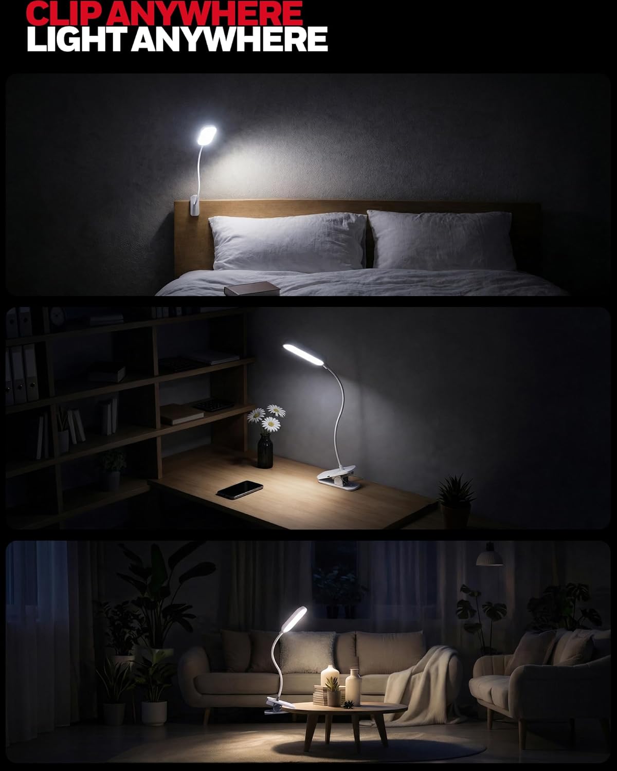 Honeywell Clip On Desk Lamp, Rechargeable Reading Light with Touch Control, Stepless Dimming, Portable Lamp for Desk, Bedside, Study