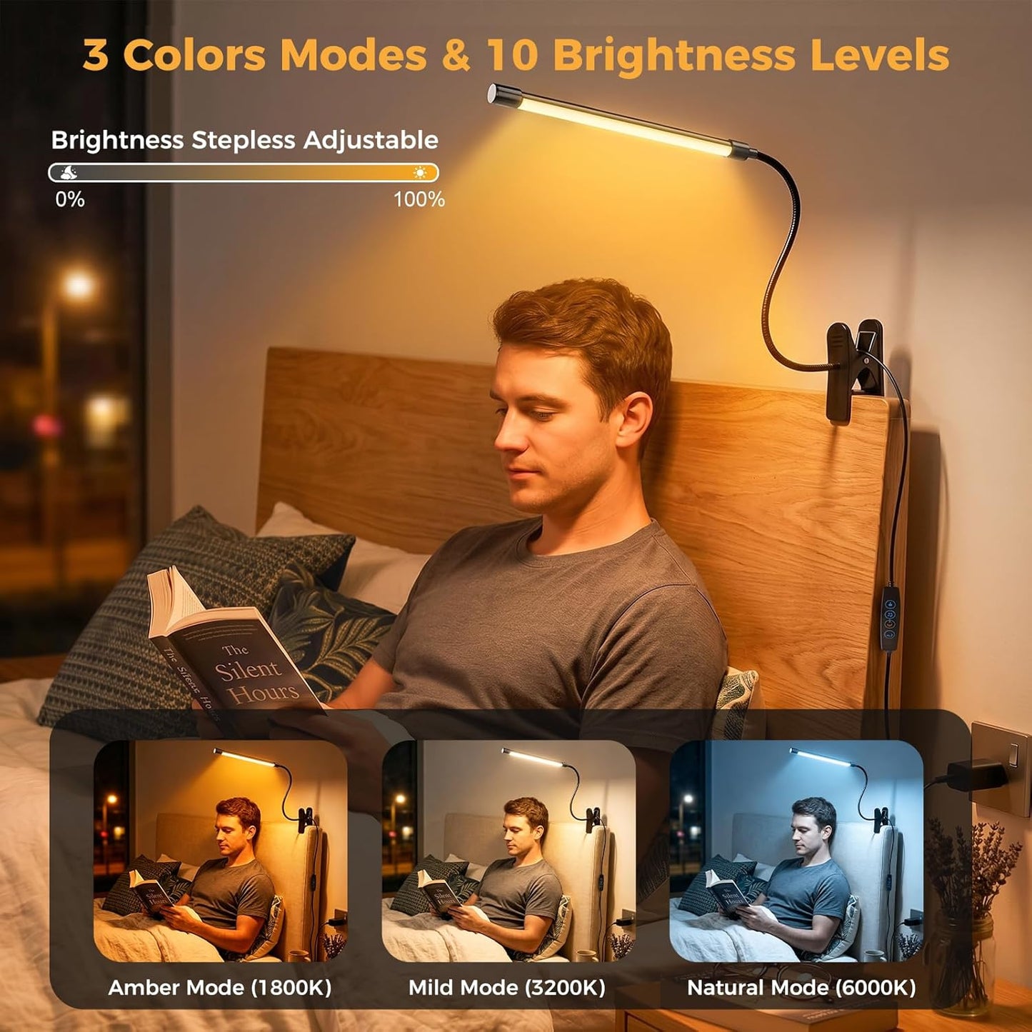 Clip on Reading Light for Books in Bed: Adjustable Dimmable Gooseneck Eye Caring LED Small Desk Table Lamps with Clamp: 3 Modes Lighting Night Lamp for Bed Headboard - Bedside(with Power Adapter)