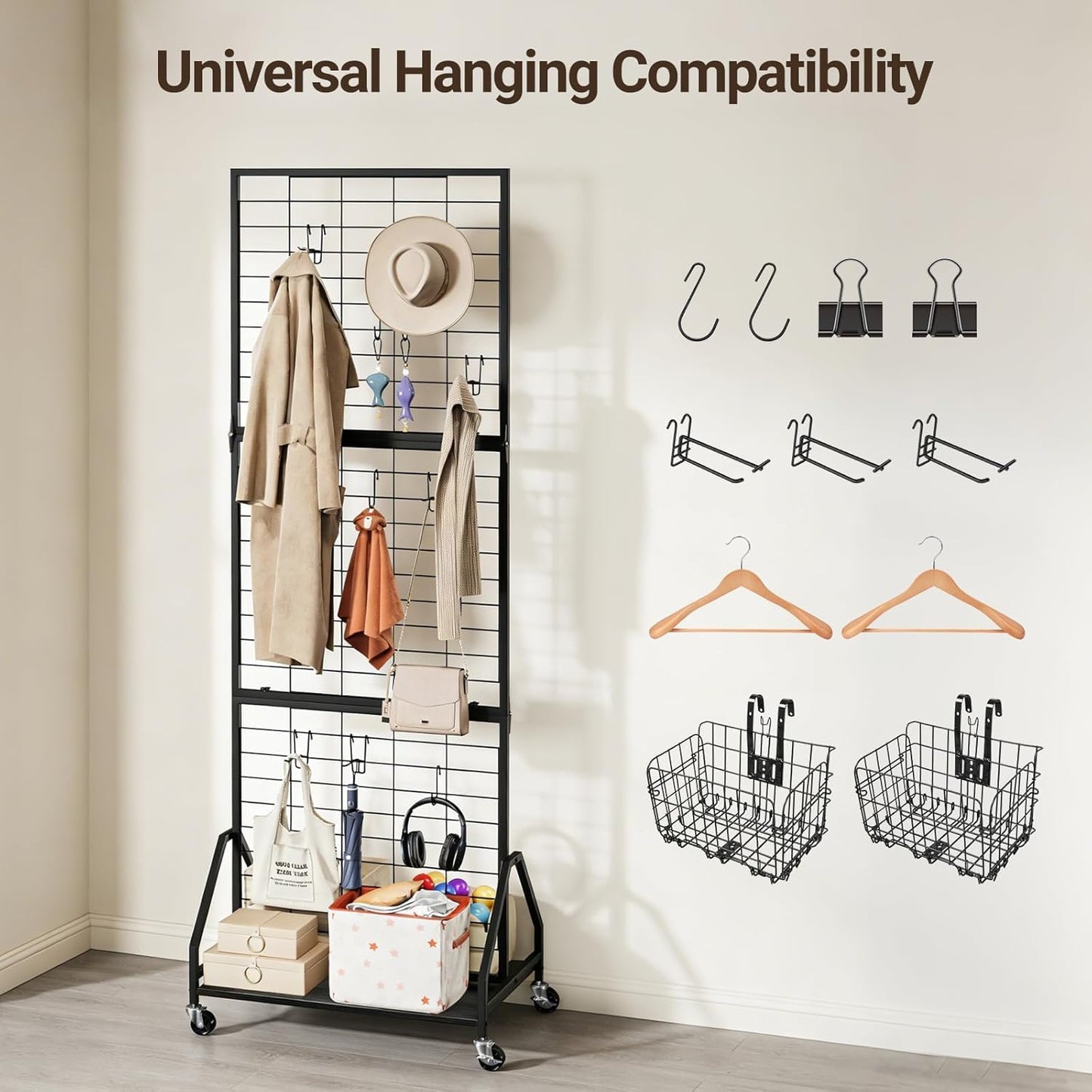ELYKEN Foldable Grid Wall Panels 5.7' x 2' FT, Movable Wire Gridwall Display Rack with Wheels and Adjustable Foots, Retail Display Stand for Vendor with Storage (Rustic Brown)