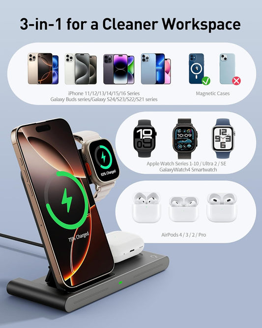 RYND 2026 Travel Portable Wireless Fast Charger for Apple & Android Charging Station,3 in 1 Charging for iPhone17 16 15 14 13 12,Apple Watch Series & Air pods 4 3 2 Pro,Samsung Galaxy