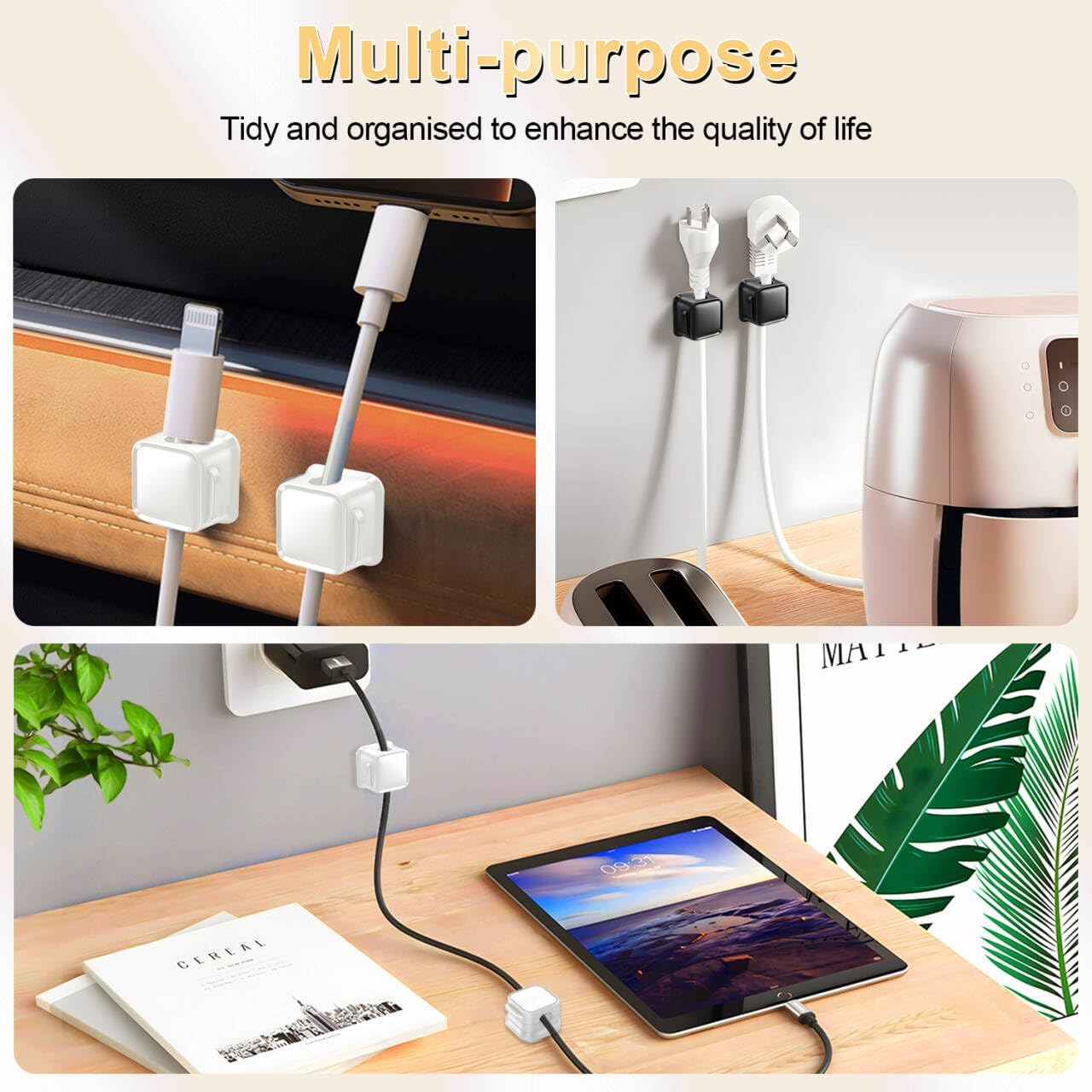 18 Pack Cord Organizer Holder,Magnetic Cable Clips Management, Easy Adhesive Phone USB Charger Cord Keeper, Hide Or Organize Desk Cable for Kitchen, Office, Car, Nightstand (Black)