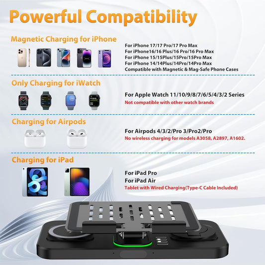 30W Charging Station for Apple Products, Foldable Wireless Charger with Clock Display&7 Color Light, Wired Charging for iPad/Tablet Charging Station for iPhone17, for Apple Watch11 for AirPods4(Black