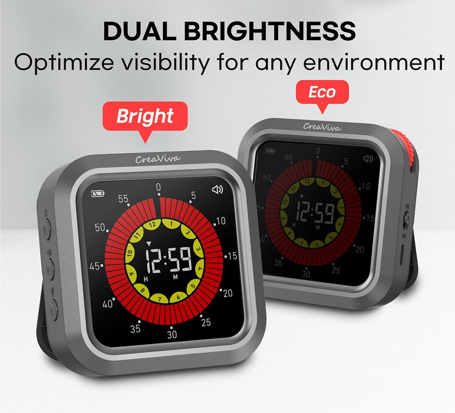 Visual Digital Timer, Large Color Display & Rechargeable, Magnetic Back & Silent Mode, 12 Hours Countdown/Up Stopwatch Timer for ADHD, Kids, Classroom, Kitchen, Work Productivity (Gray)