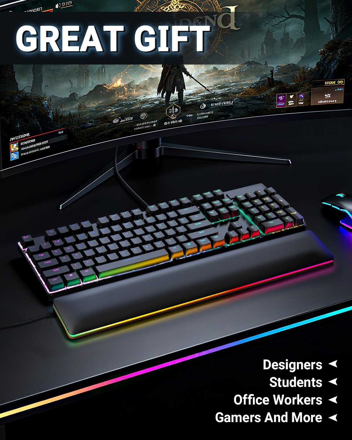 ASFSKY RGB Keyboard Wrist Rest, Ergonomic Wooden Wrist Support with PU Leather & Memory Foam, Non-Slip and Easy-to-Clean Design, Wrist Pad for Mechanical Keyboard, Gaming & Office Use