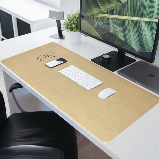 HofferRuffer Desk Pad, Office Desk Protector Mat, Waterproof Desk Mat for Desktop, Dual Side Use Faux Leather Desk Pad for Keyboard and Mouse for Office and Home (Gold+Cork, 31.5" x 15.8")