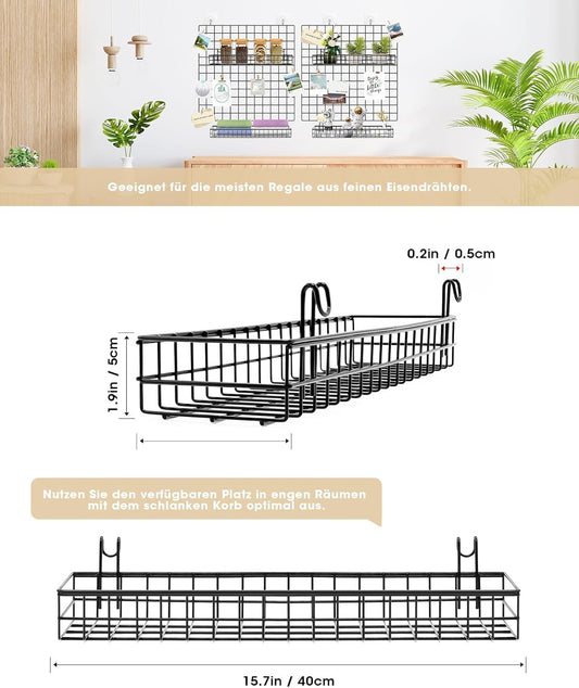 ANZOME 2 Pack 15.7 Inch Extra-Wide Hanging Wall Baskets, Sturdy Black Metal Wire Storage Basket, Fits Grid Panels with 1-2 Inch Spacing (Panel Not Included), Garage Craft Kitchen Pantry Wall Organizer