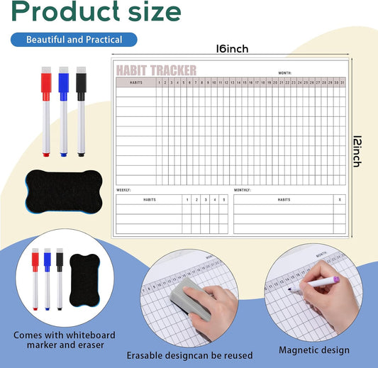 Maitys Habit Tracker for Fridge 12 x 16 Inch Magnetic Workout Tracker Journal Motivation Dry Erase Goal Habit Calendar for Whiteboard with 3 Marker Pens and 1 Eraser
