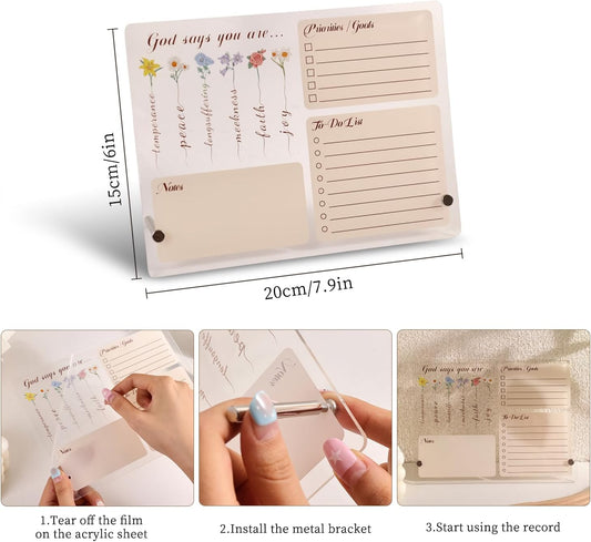 PAGEMORE Acrylic Dry Erase Board with Stand - Christian Desk Decor, Inspirational To-Do List Notepad, Reusable Floral Desktop Whiteboard for Home Office Organization, Religious Gift for Women