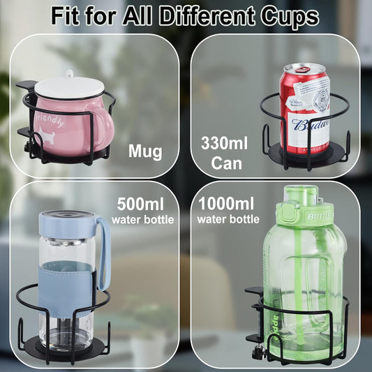 Upgraded Cup Holder, Gaming Desk Accessories Anti-Spill Drink Cup Holder for Table Edge or Chair Armrests, Clip on Desk Side Cups Holders for Home or Outdoor Camping -Black