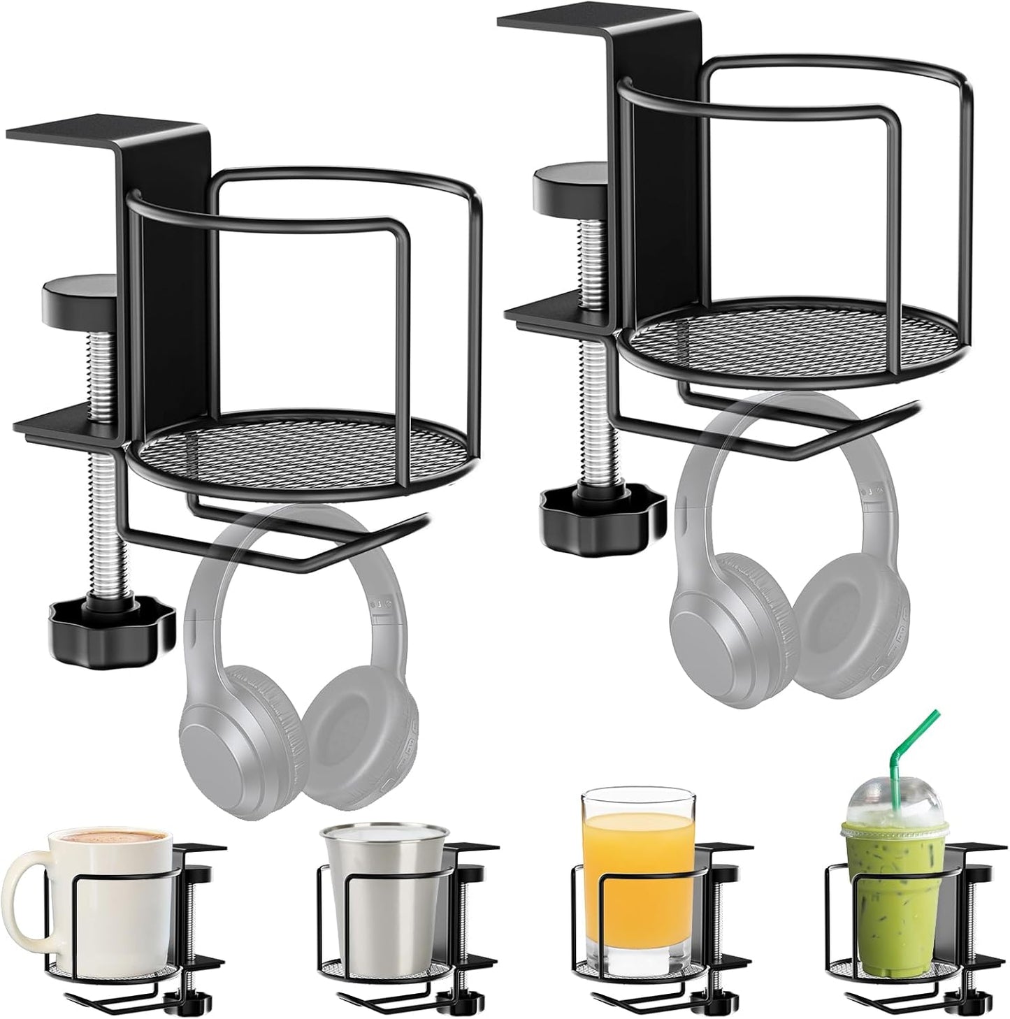 2-in-1 Desk Cup Holder with Headphone Hanger,Anti-Spill Table Water Bottle Holder,Clamp On Table Metal Drinking Holder,Compatible with Universal Cups/Bottles/Mugs/Cans/Tumblers/Thermoses/Glass,1Pack