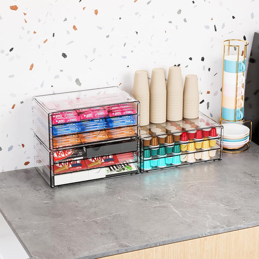 Yieach 9 Pack Small Acrylic Drawers With 18 Drawers,Clear Drawer Organizers Stackable,School,Office Supplies Organizer And Storage Bins for Stationery,Pen,Pencil,Craft,Glasses,Sunglass Organizer Case