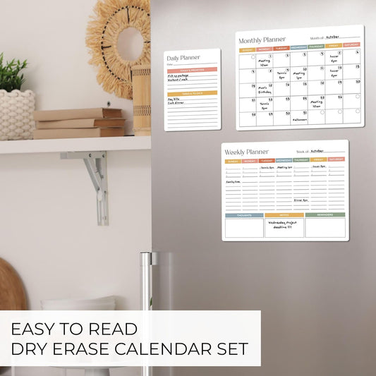 Beautiful Magnetic Dry Erase Calendar Set of 3 - Easy-to-Erase Whiteboard with Marker & Premium Magnet for Your Fridge - The Perfect Weekly and Monthly White Board Organizer for Everyday Planning
