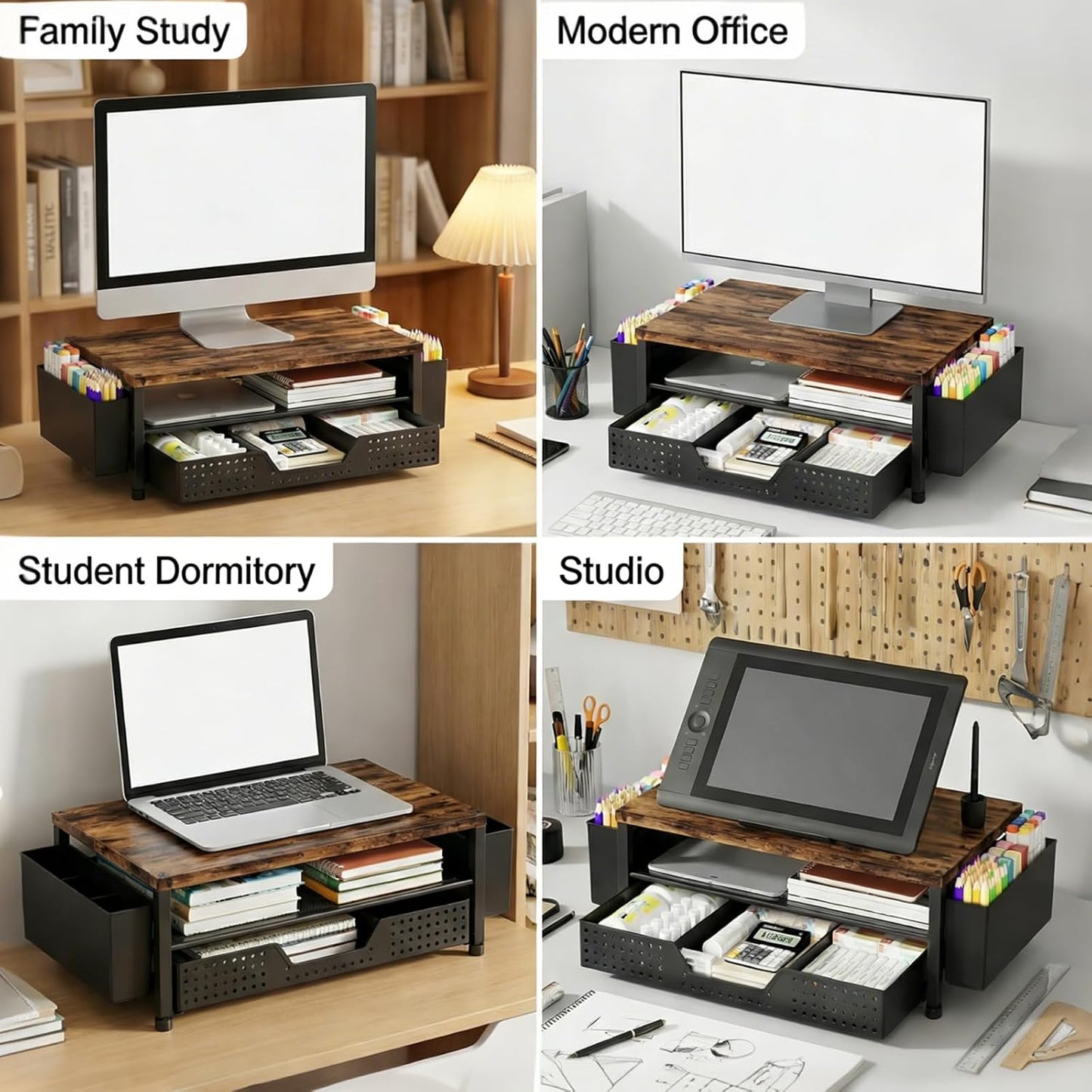 LEKETREE Wood Desk Organizer, 2-Tier Computer Monitor Stand Riser with Storage Drawer and 2 Pen Holders, Laptop & Printer Stand, Shelf for Top of Desk (Rustic Brown)
