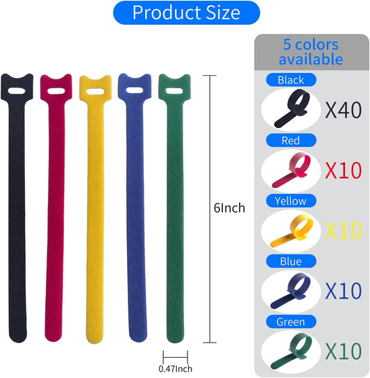 80 PCS 6 Inches Multi-Colour Reusable Cable Ties Cord Straps Multi-Purpose Wire Ties Cord Wrap Hook and Loop Organizer Cable Management,Adjustable Cord Ties for Organizing Home,Office,Data Centers