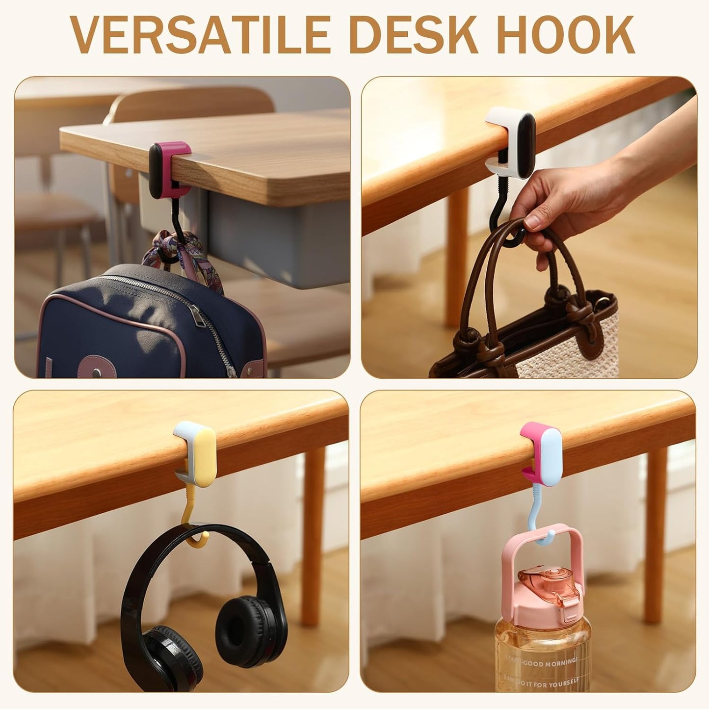 Novabright 4 Pack Adjustable Table Hooks for Hanging Purse Bags Heavy Duty No-Drill Desk Hooks Under Desk Bag Holders Multi-use Organizer for Handbag, Backpack, Headphone Office Table Accessories