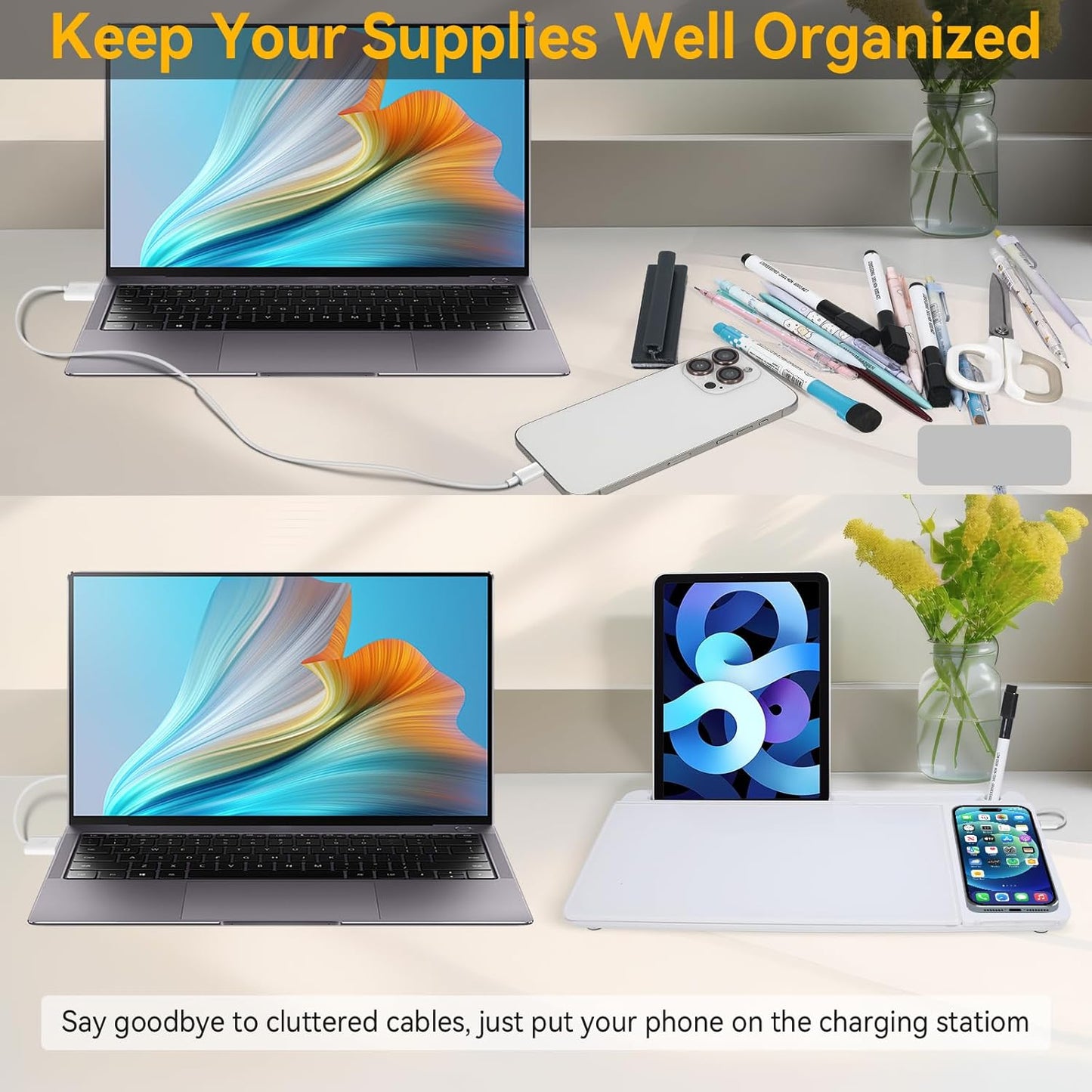 Small Glass Desktop Whiteboard Dry Erase Board with Wireless Charger Station - Computer Pad Keyboard Stand with Organizer for Home, School, Office Desk Accessories