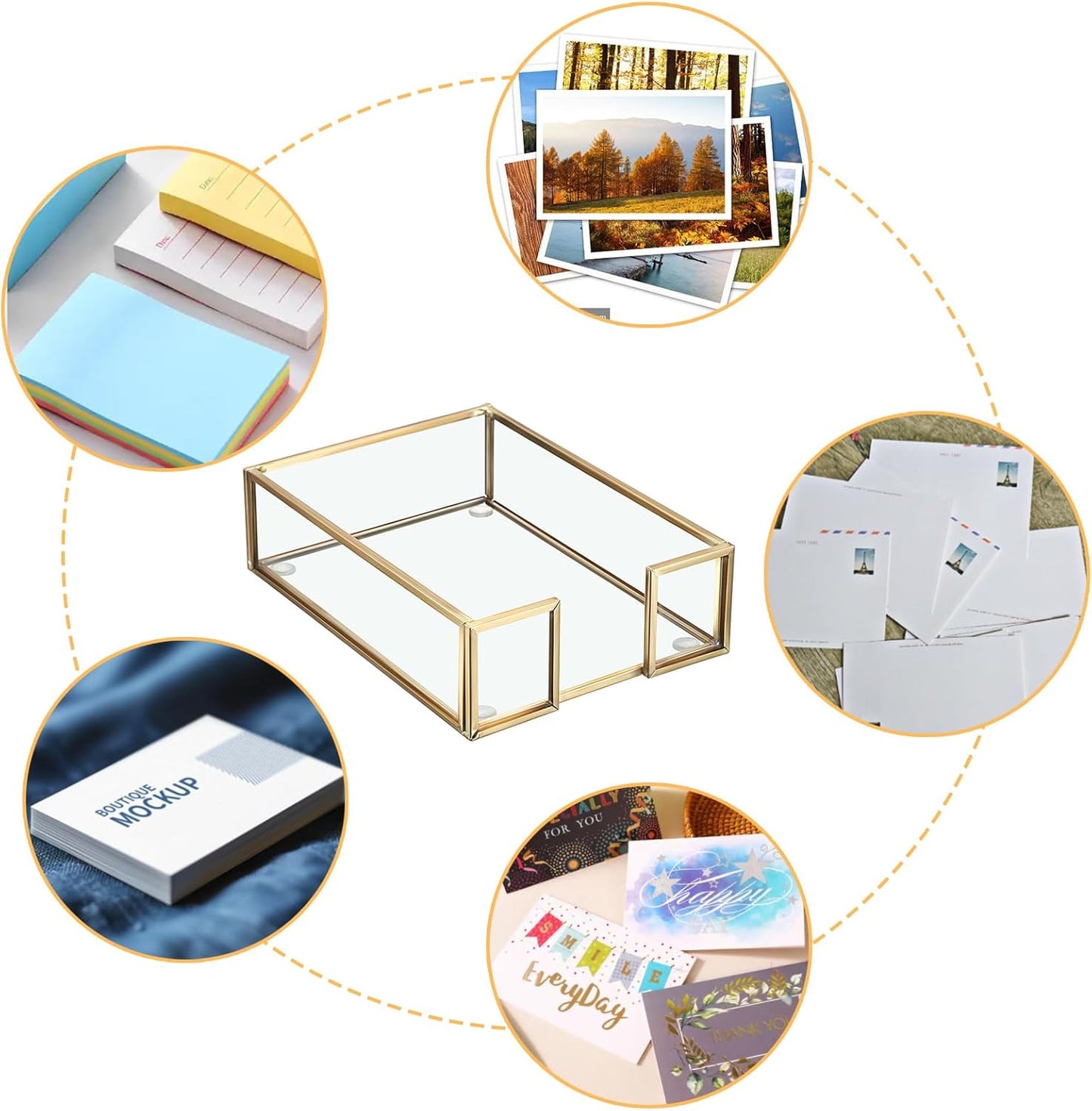 BTSKY Golden Glass Sticky Note Holder for 3x3 Inch Sticky Notes, Elegant Post It Note Dispenser with Non-Slip Pads Clear Notepad Holder for Desk Organization Planning, Home Office Decor