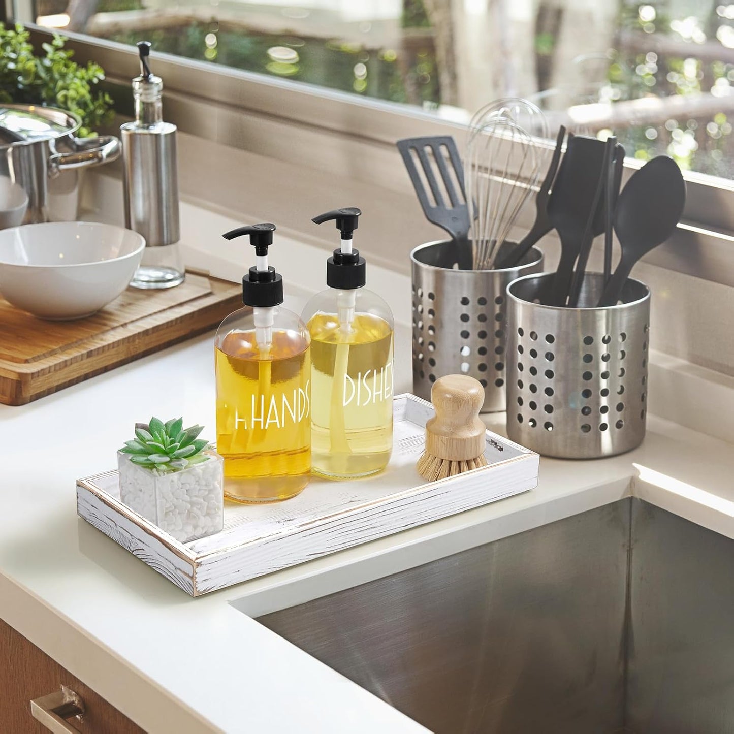 ALELION 8" Acacia Wood Bathroom Vanity Tray for Counter - Dresser Top Tray for Perfume Jewelry Candle Key Catchall - Small Kitchen Countertop Organizer for Soap Dispenser and Sponge Holder