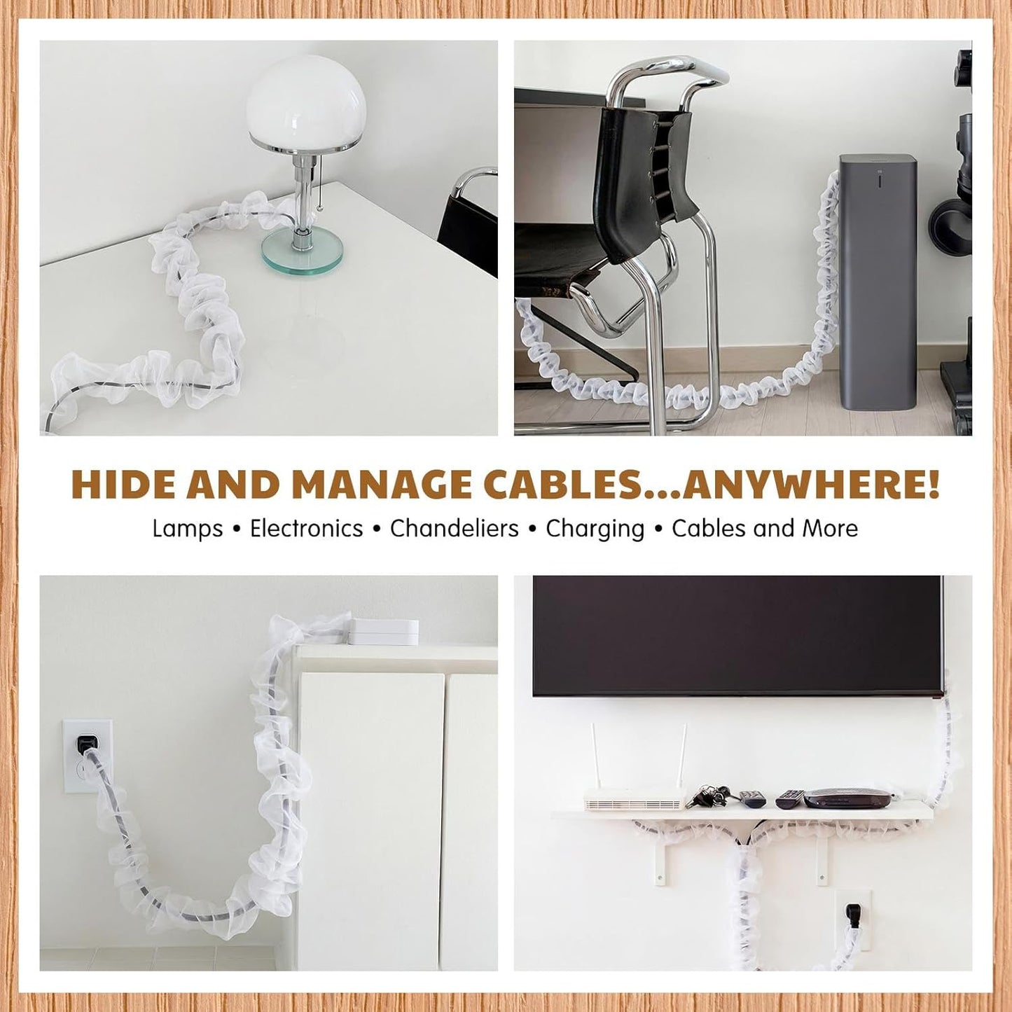 9 ft Decorative Fabric Cord Cover Organza Fabric Cord Cover for Wires Fabrics Cable Sleeve TV Computer Phone Charger Lamps Home & Office Cable Management