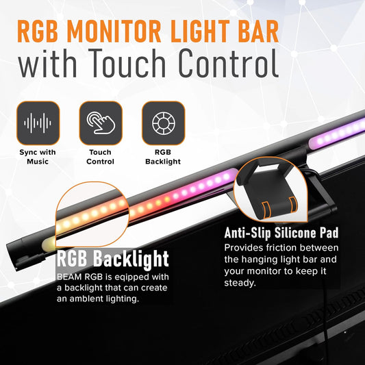 Beam RGB Monitor Light Bar | LED Monitor Lamp for Computer & Desk | Adjustable Backlight & Front White Light | Eye Caring Screen | Touch Control, USB Powered | Space Saving Clamp | Matte Black