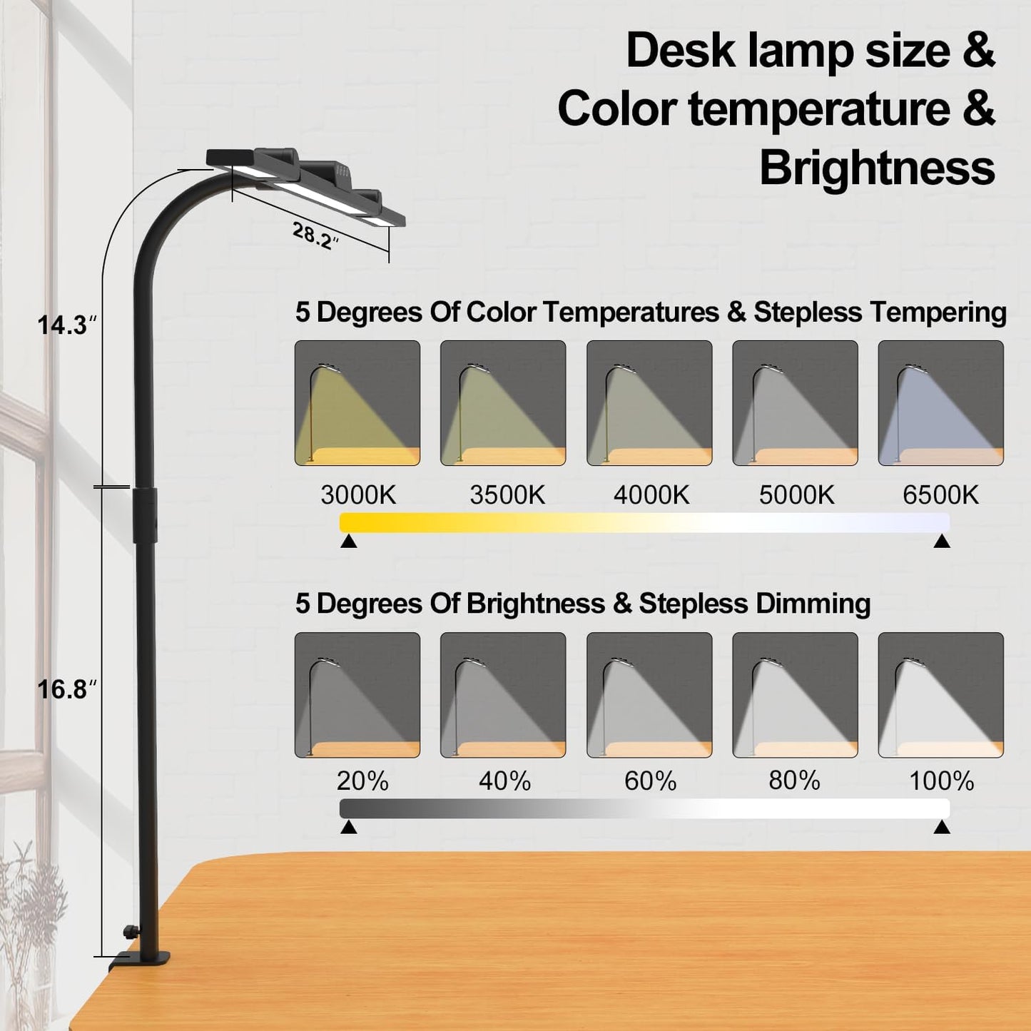 Omorepa 3 Light Bar Gooseneck Architect Desk Lamp with Clamp, 24W Bright Led Tall Overhead Desk Light for Home Office,Eye Care Reading Table Light for Desktop Working,Drafting,Reading